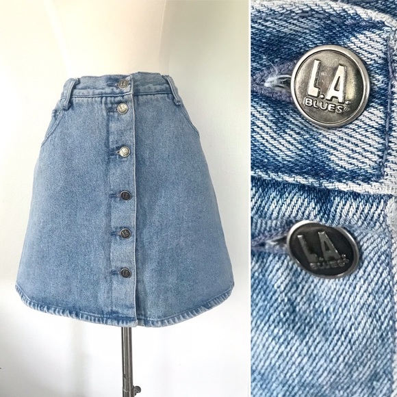 Vintage Dresses & Skirts - Vintage 90’s LA Blues button up denim jean mini skirt